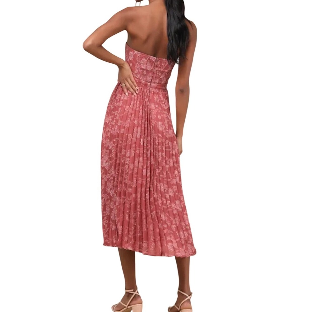 NWT Lulus Perfectly Stunning Rusty Rose Jacquard Strapless Midi Dress S Pleated - Picture 2 of 10